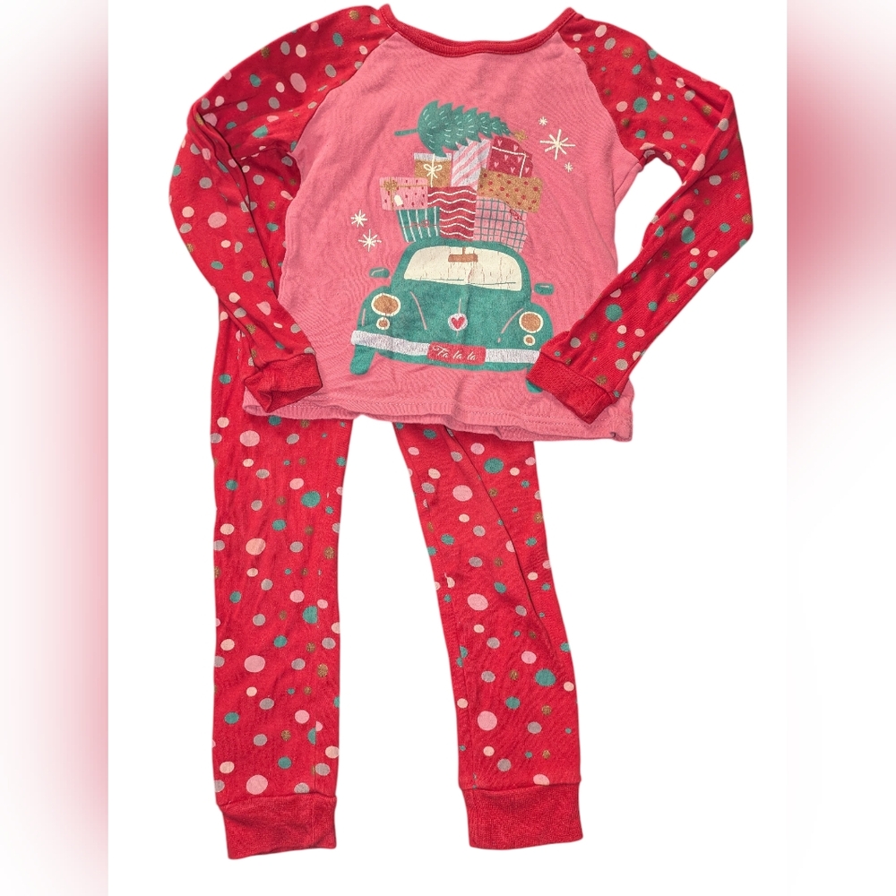 👉10/10$ Festive Red Kids Pajama Set with Car Print 4Y